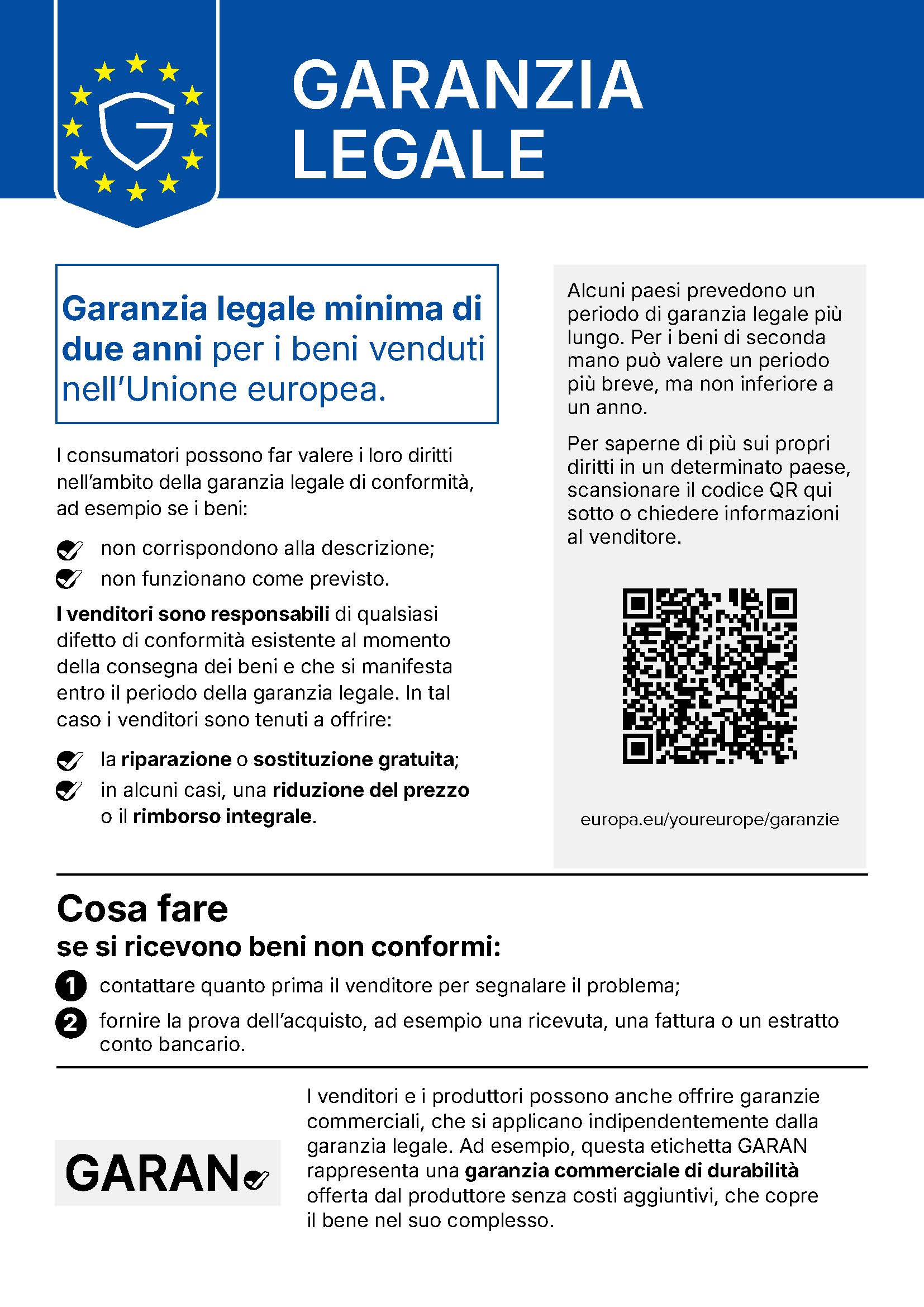 Avviso UE sulla garanzia legale: garanzia legale minima di due anni per i beni venduti nell'UE